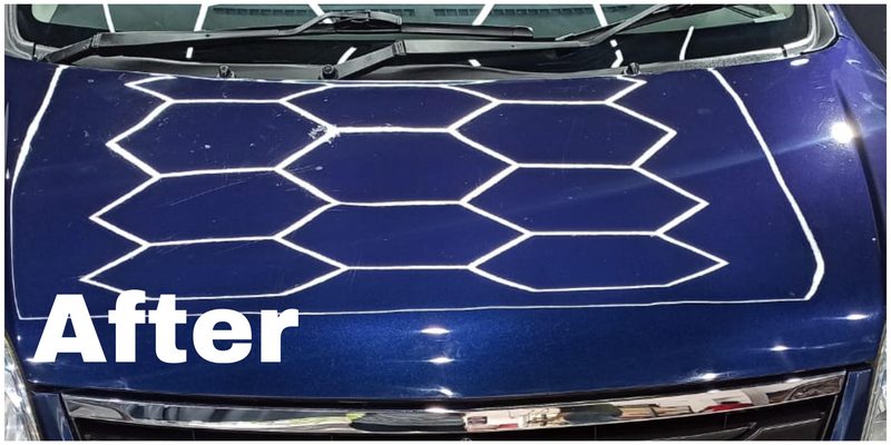 After ceramic coating — same bonnet fully decontaminated and glossy