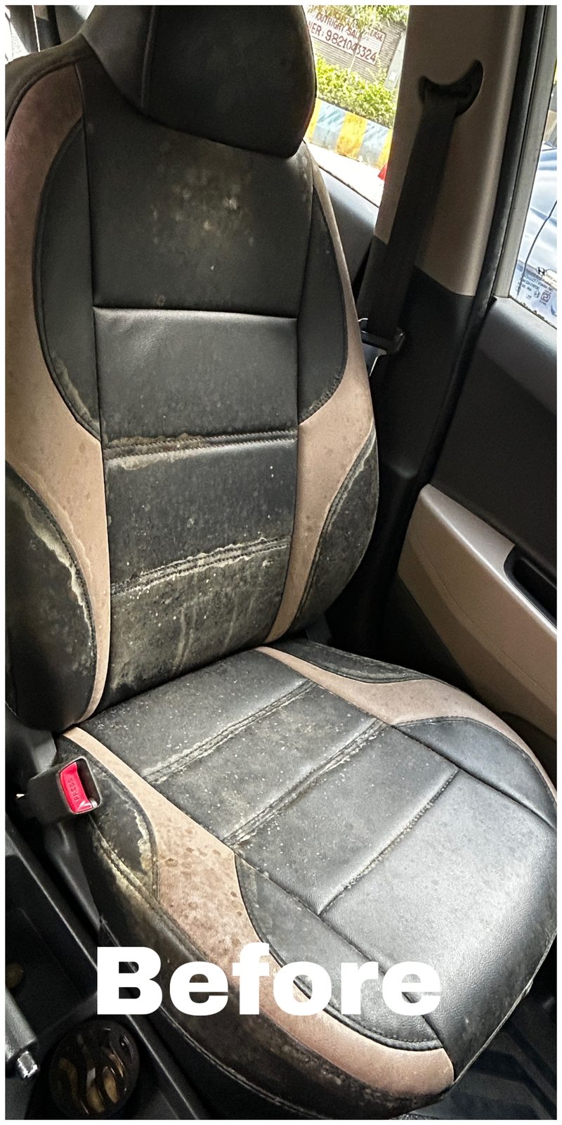Before interior detailing — leather seat covered in ingrained dirt and mould
